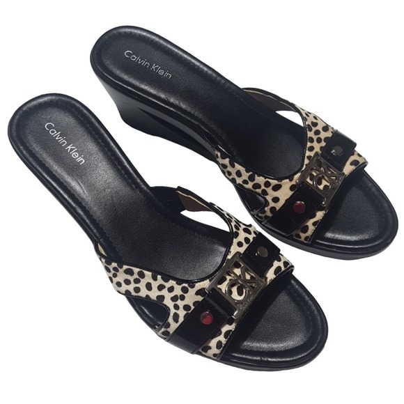 Calvin Klein "Rebah" black white spotted faux calf hair platform cutout wedges - Picture 1 of 8
